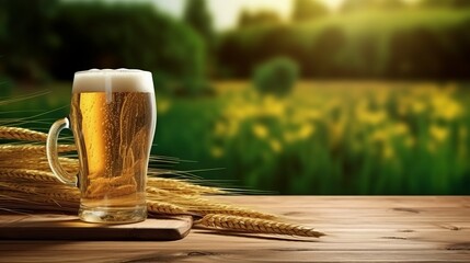 Illustration of a refreshing glass of beer on a rustic wooden table