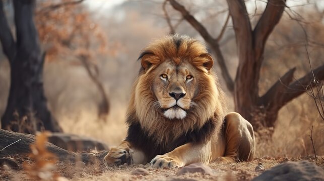 Majestic Lion In Its Natural Habitat. A professional wildlife photograph of a majestic lion in its natural habitat, freezing the intense gaze and powerful presence of the king of the jungle.