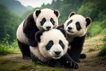 Foto op Plexiglas giant panda eating bamboo © Haji_Arts