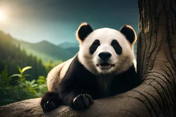 Schilderijen op glas giant panda eating bamboo © Haji_Arts