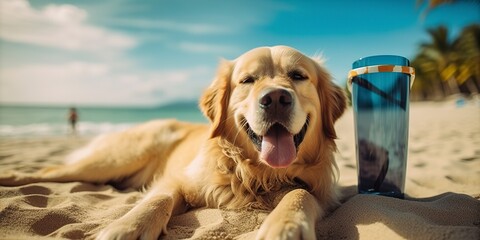 Golden Retriever dog is on summer vacation at seaside resort and relaxing rest on summer beach of Hawaii.