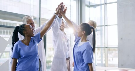 High five, nurses or doctors with medical success in celebration of results in hospital with teamwork. Bonus, surgeon or happy healthcare workers celebrate targets, bonus or winning goals in meeting