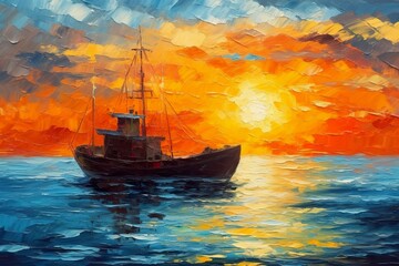 Oil Painting of a Fisherman Boat at Sunset on Sea. Sea Landscape concept. 