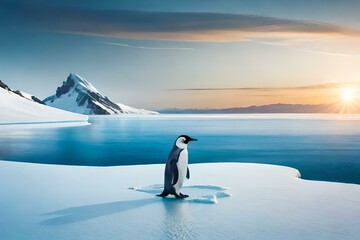 A lone penguin on a melting ice floe representing climate change and global warming. Generative AI