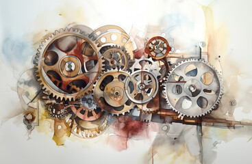 Watercolor illustration of vintage gears with colorful splashes of watercolor paint