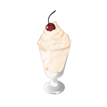 Cute glass cup with ice cream with cherry  for summer cafe menu, vector cartoon eps 10 isolated on white