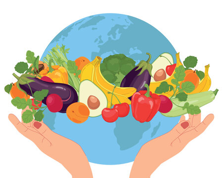 World Vegetarian Day. Hands hold a globe, vegetables and fruits. Vector illustration in a flat style. The concept of the importance of food safety and the elimination of food waste.