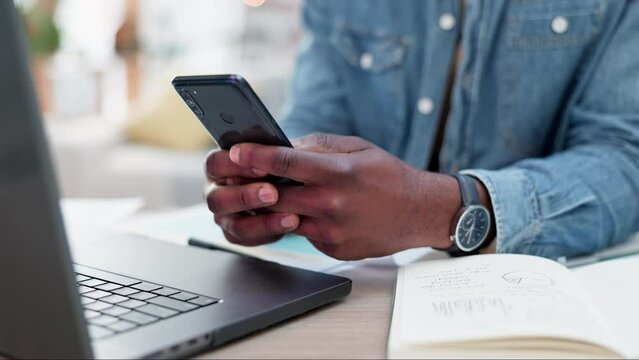 Phone, hands typing at table and online on social media, networking tech and search app. Smartphone, scroll and person at desk on website, email and internet communication on digital mobile software