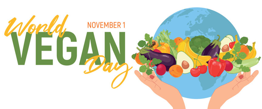 World Vegetarian Day. The concept of the importance of food safety, responsible nutrition and the elimination of food waste. Human hands hold the globe. Food in flat style.