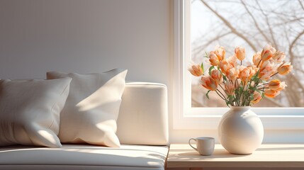 Living room interior with armchair and vase, modern living room background