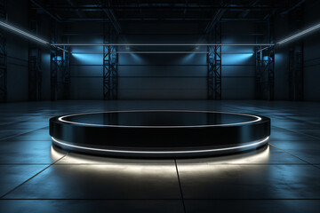 A blank exhibition space with a black empty platform, showcasing modern design and aesthetics, inviting creative presentations in a sleek, immersive atmosphere.