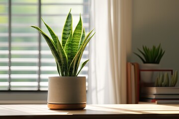 A snake plant from the species Sansevieria trifasciata positioned in the window of a contemporary residence or apartment interior.