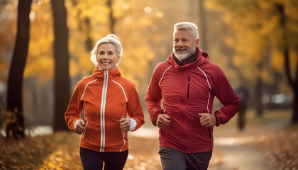 Happy senior couple running in the autumn park