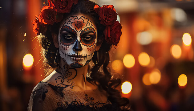 catrina skull makeup for halloween in bokeh light