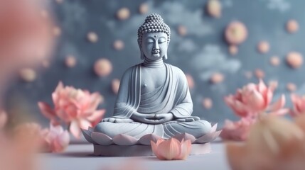 Illustration of a Buddha statue surrounded by flowers