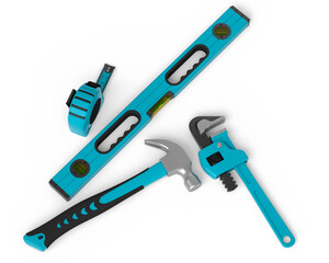 Top view of green construction tools for repair on white background
