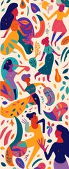 Colorful trendy pattern with abstract stylish individual design elements. Dancing people. Design for holidays Birthday, New Year, Brazil Carnival or, Generative AI