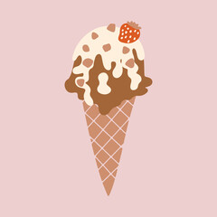 Ice cream with chocolate flavor, whipped cream and strawberry in cone vector and illustration. - 632991041