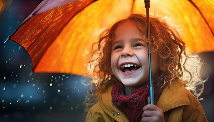 positive girl smiling wearing raincoat jacket with a hood enjoying the rain with umbrella outdoors