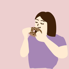 Woman eating a chocolate donut. Flat design vector illustration - 632991058