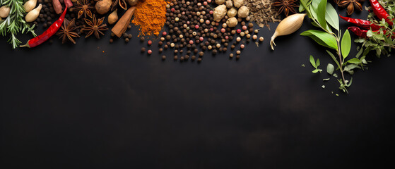 Top View Wide Variety Spices and Herbs on Background of Black Table - obrazy, fototapety, plakaty