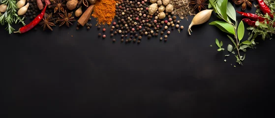 Poster Top View Wide Variety Spices and Herbs on Background of Black Table © Synaptic Studio