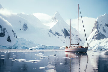 Sailboat anchored on an artic. Artic expedition. Ship on an expedition to the South Pole. Climate change. Mountains background and icebergs in the water. Generative AI.. - obrazy, fototapety, plakaty