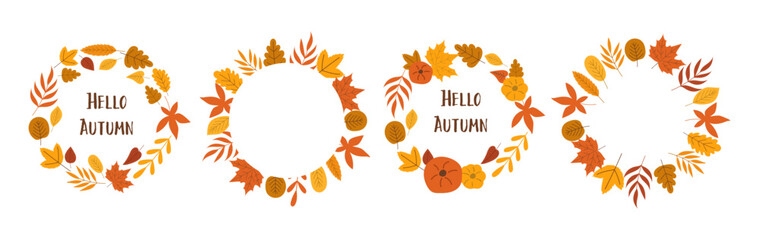 Hello autumn wreath set with beautiful  leaves. Hand draw vector illustration.