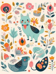 Big spring collection of flowers, leaves, birds, cat and spring symbols and decorative elements, Generative AI