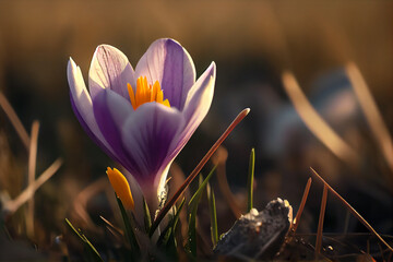 Fresh spring crocus bloom in the Park during sunny spring day. Purple flower and bud close up.