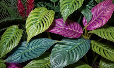 A Photo Realistic Image of Tropical Plants with Large Leaves in Various Colors and Textures