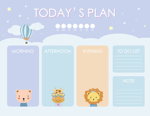 cute daily planner background with cloud,animal.Vector illustration for kid and baby.Editable element