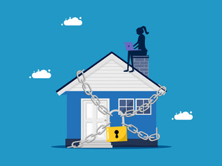 Home security. Businesswoman and house locked with padlock vector