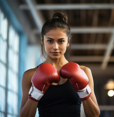 Fototapeta premium Young beautiful woman posing with boxing gloves