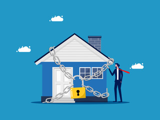 Home security. Businessman and house locked with padlock vector - obrazy, fototapety, plakaty