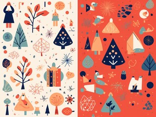Trendy  Christmas illustration and pattern with New Year and Christmas symbols, Generative AI