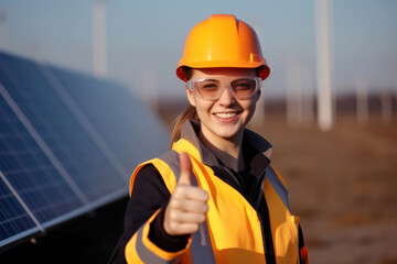 Young woman with thump up in front of a solar power plant - 632992679