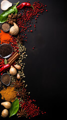 Top View Wide Variety Spices and Herbs on Background of Black Table - obrazy, fototapety, plakaty
