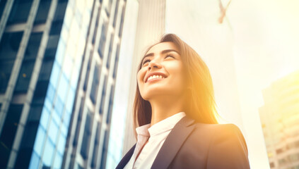 Close up portrait of middle ages professional business woman smiling outdoors business center. Smiling mature lady on an urban background. Generated with AI