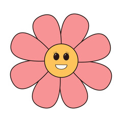 Retro groovy daisy flower character. Linear color vector illustration