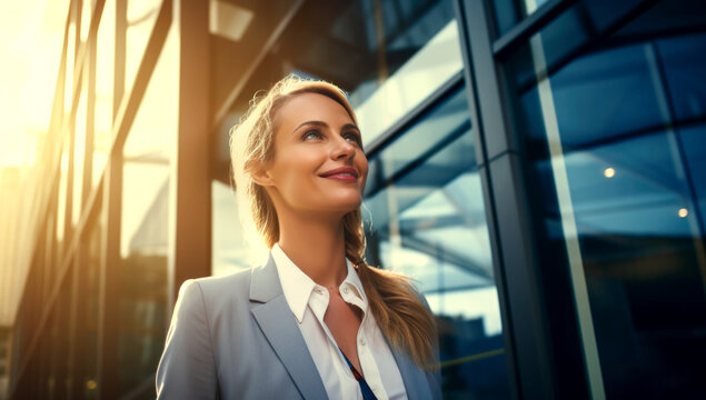 Close up portrait of middle ages professional business woman smiling outdoors business center. Smiling mature lady on an urban background. Generated with AI