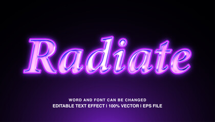 Radiate ​editable text effect template, purple neon light effect futuristic style typeface, premium vector