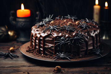 Fototapeta na wymiar A spooky Halloween-themed cake decorated with chocolate cobwebs and spiders, candles on the background. Halloween food concept. Generative AI