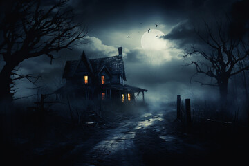 Illustration capturing the ominous atmosphere of a decrepit and haunted mansion, shrouded in darkness and mystery. Ai generated