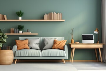 A contemporary home office designed for productivity in the comfort of ones own home, featuring a desk with a laptop and a cozy living room with a sofa. Ideal for those adapting to the work from home