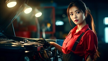 Asian woman repairing a car at a service station. Generated with AI