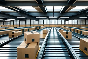 Closeup of multiple cardboard box packages seamlessly moving along a conveyor belt in a warehouse fulfillment center, a snapshot of e-commerce, delivery, automation, and products. Generative AI