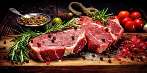 Two pieces of fresh raw meat on a wooden background. Natural various spices. - obrazy, fototapety, plakaty
