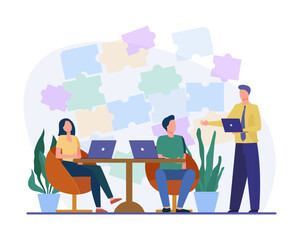 Manager providing constructive feedback vector illustration. Employees working in team, using laptops, understanding each other and showing empathy. Emotional intelligence in workplace concept