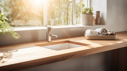 In a luxurious bathroom, there is a wooden countertop with a few water droplets on it. The sunlight is pouring in through the window, illuminating the space and creating a clean and bright atmosphere 